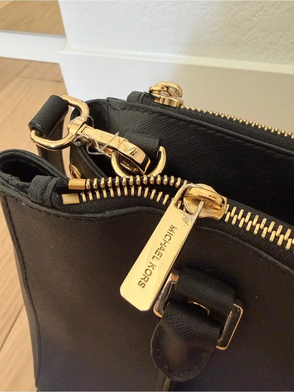 Michael Kors Black Saffiano Leather Satchel Crossbody Bag Gold Hardware